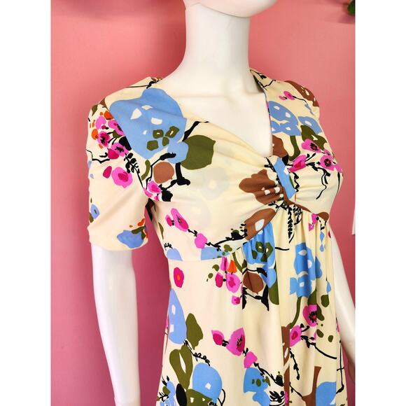 Size Medium Large | Vintage 1970's Buttercream Pink Blue Floral Babydoll Dress - Picture 5 of 10
